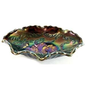Fenton Carnival Glass Ruffled Oval Dish Marigold Iridescent Floral Pattern 7.5”